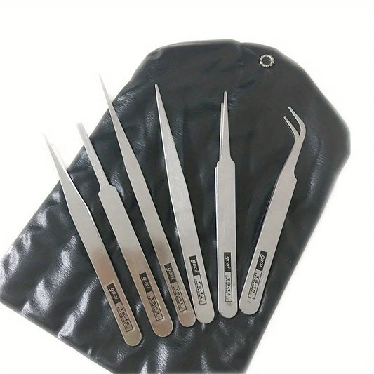 6 Pcs/Set Stainless Steel Straight and Curved Tweezers