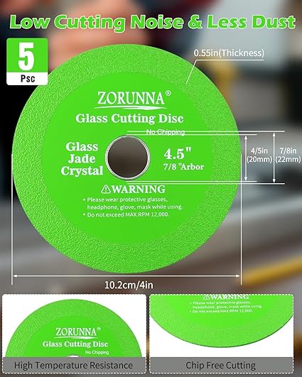 Glass Cutting Disc for 4-1/2" Angle Grinder, 3 Pack Glass Cutter Blade, Green Diamond Cutting Blade Disc 7/8" (Model 115/125) for Grinding Glass, Jade, Crystal, Wine Bottles, Tile.