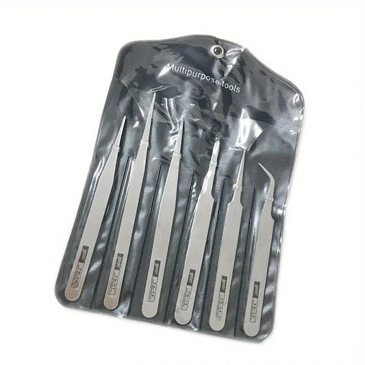 6 Pcs/Set Stainless Steel Straight and Curved Tweezers