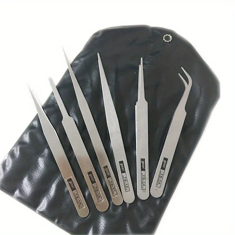 6 Pcs/Set Stainless Steel Straight and Curved Tweezers