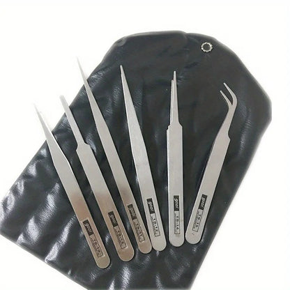 6 Pcs/Set Stainless Steel Straight and Curved Tweezers