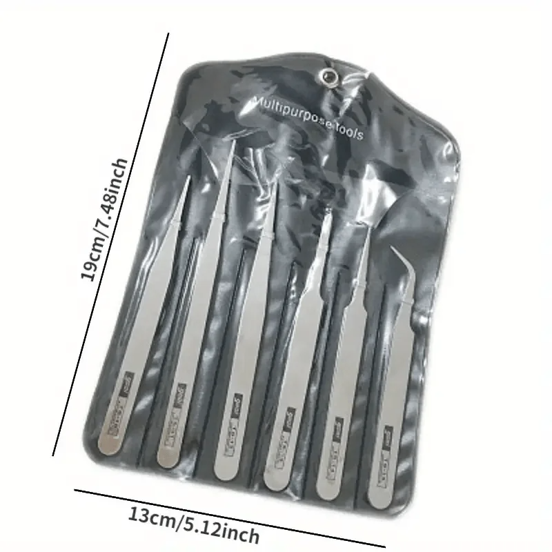 6 Pcs/Set Stainless Steel Straight and Curved Tweezers