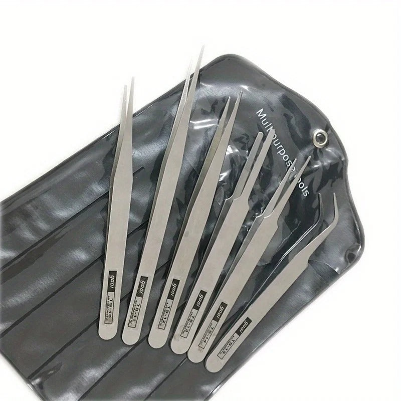 6 Pcs/Set Stainless Steel Straight and Curved Tweezers