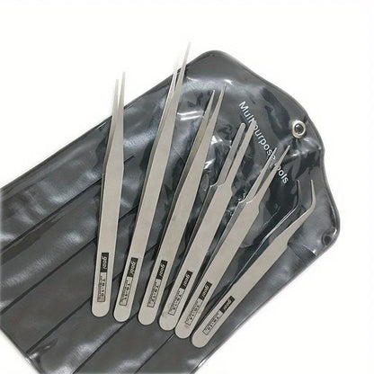 6 Pcs/Set Stainless Steel Straight and Curved Tweezers