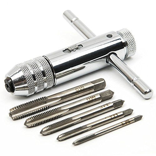 Adjustable Silver T-Handle Ratchet Tap Holder Wrench with 5pcs M3-M8 3mm-8mm Machine Screw Thread Metric Plug T-shaped Tap