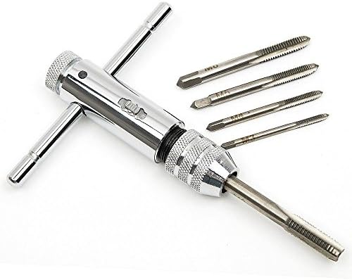 Adjustable Silver T-Handle Ratchet Tap Holder Wrench with 5pcs M3-M8 3mm-8mm Machine Screw Thread Metric Plug T-shaped Tap