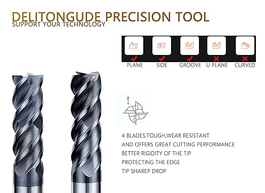 Carbide Tungsten Square CNC End Mill Set,4 Fultes Suitable for Alloy Steels/Hardened Steels HRC55