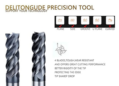 Carbide Tungsten Square CNC End Mill Set,4 Fultes Suitable for Alloy Steels/Hardened Steels HRC55